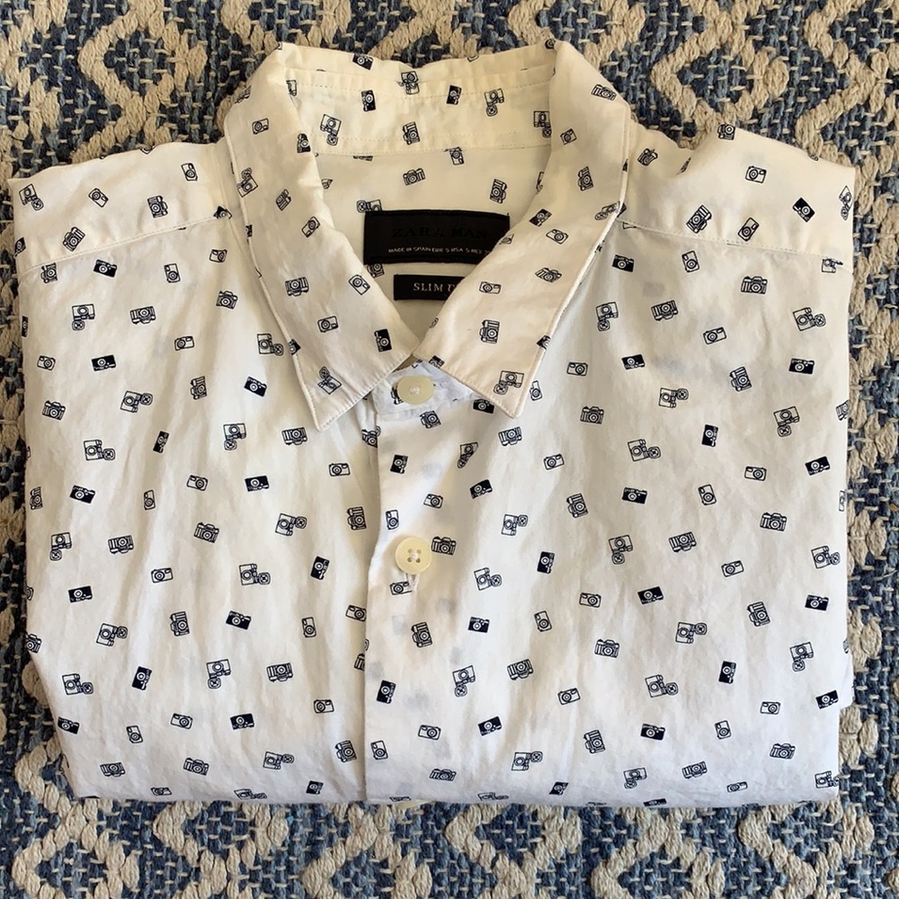 Zara man camera print button down
